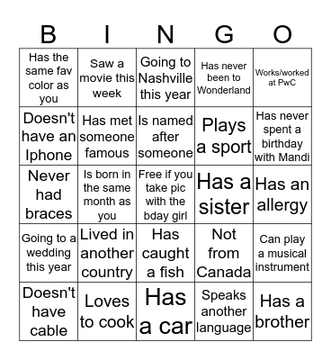 Birthday Bingo Card