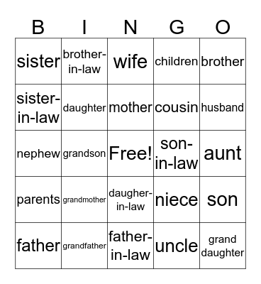 Family Members Bingo Card