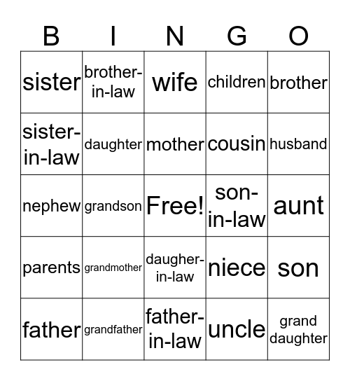 Family Members Bingo Card