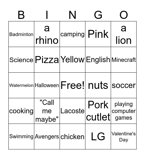 What's your favorite...? Bingo Card