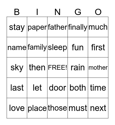 Sight Word Bingo List 5 Bingo Card