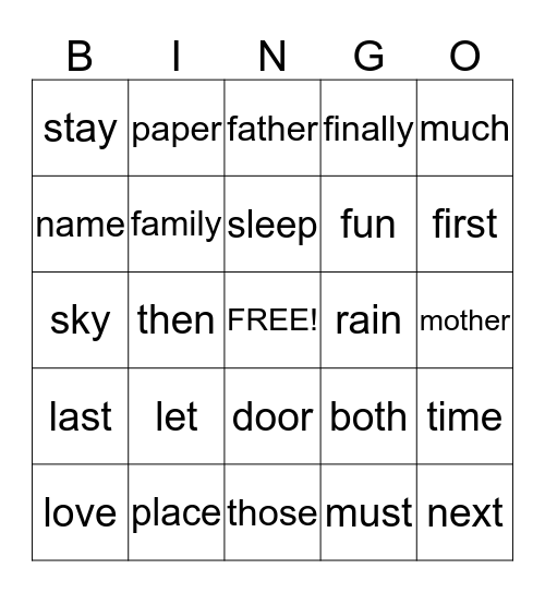 Sight Word Bingo List 5 Bingo Card