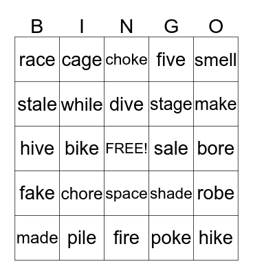 Bossy "e" Bingo Card