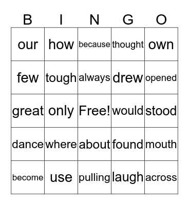 Sight Words Bingo Card