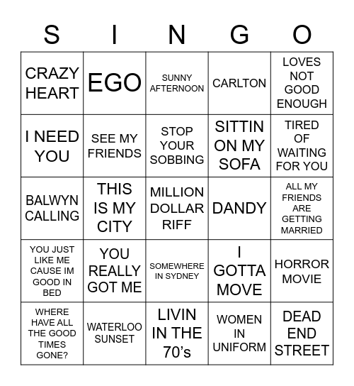 218 SKYHOOKS VS THE KINKS Bingo Card