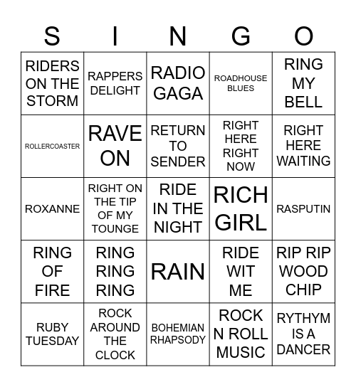 219 SONGS WITH THE LETTER ‘R’ Bingo Card