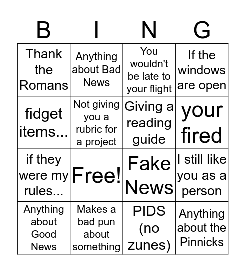Business Class Bingo Card