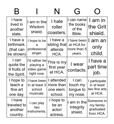 Fine Arts Bingo Card