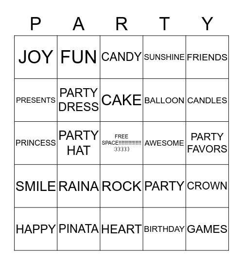 Raina's  B-day Bingo Card