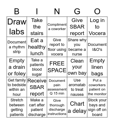 PACU Nurse's Week 2018 Bingo Card