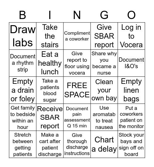 PACU Nurse's Week 2018 Bingo Card