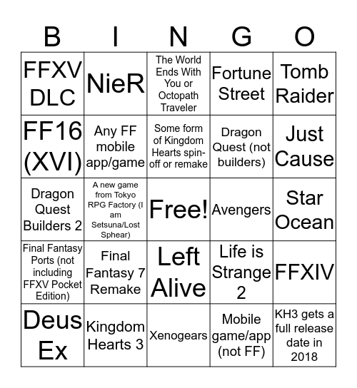 Square Enix E3 2018 Bingo Card