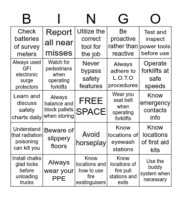 Safety Bingo Card