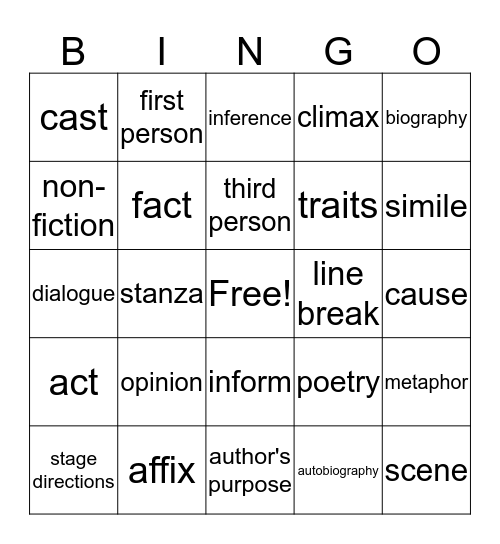 Reading Bingo Card