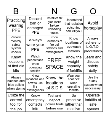 Safety Bingo Card