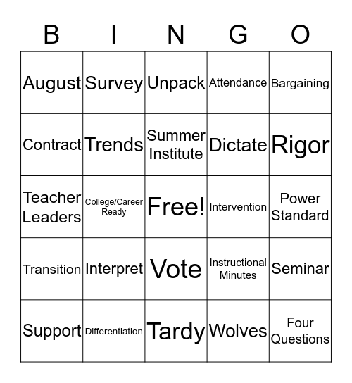 Intervention Bingo Card