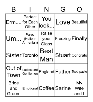 Wedding Speech Bingo Card