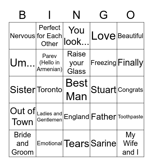 Wedding Speech Bingo Card