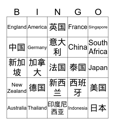 Countries Bingo Card