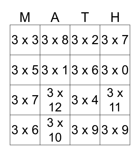 Multiply By 3's Bingo Card