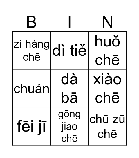 jiāo tōng gōng jù Bingo Card