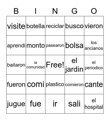 Spanish (preterito) Bingo Card