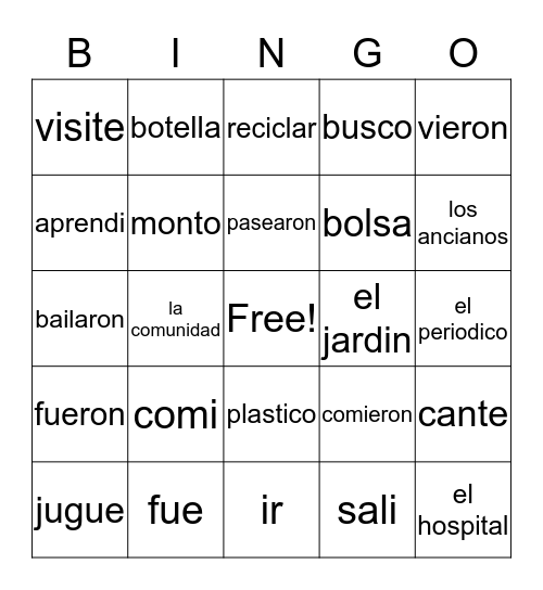 Spanish (preterito) Bingo Card