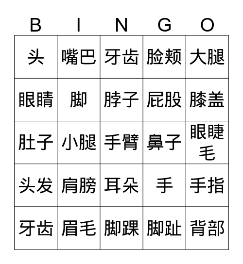 身体部位 Bingo Card