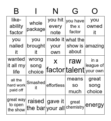 X FACTOR card 1 Bingo Card