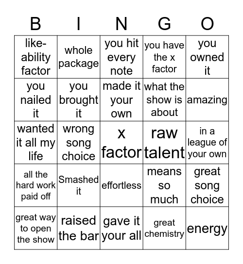 X FACTOR card 1 Bingo Card