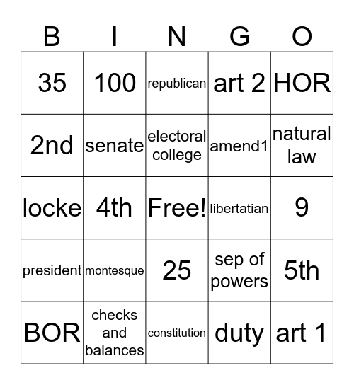 Civics Bingo Card