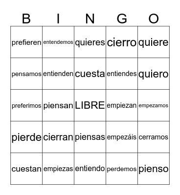 E-IE BOOT VERBS Bingo Card