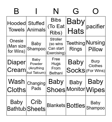 Baby Bethani Bingo Card