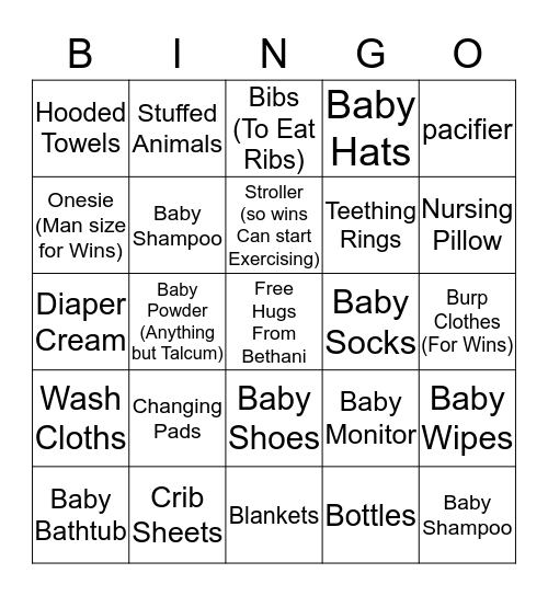 Baby Bethani Bingo Card