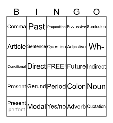 Grammar bingo Card