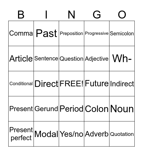 Grammar bingo Card