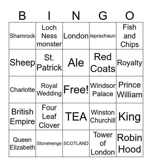 Great Britian Bingo Card
