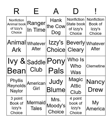 Izzy's Reading BINGO Card