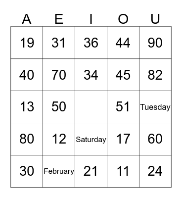 Numbers, Days, Month Bingo Card