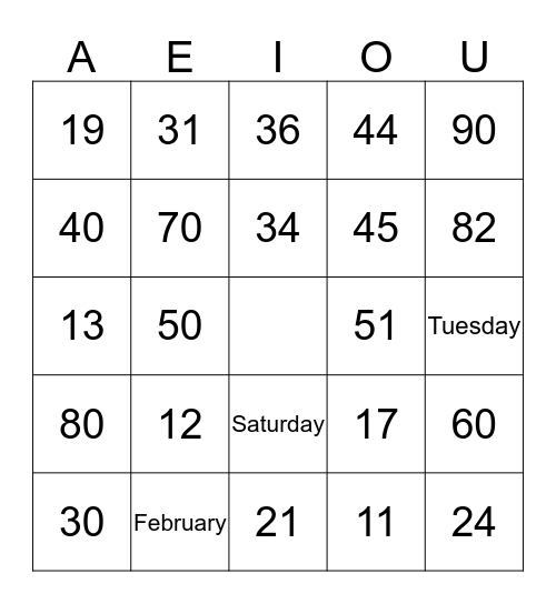 Numbers, Days, Month Bingo Card