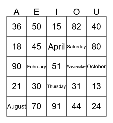 Numbers, Days, Month Bingo Card