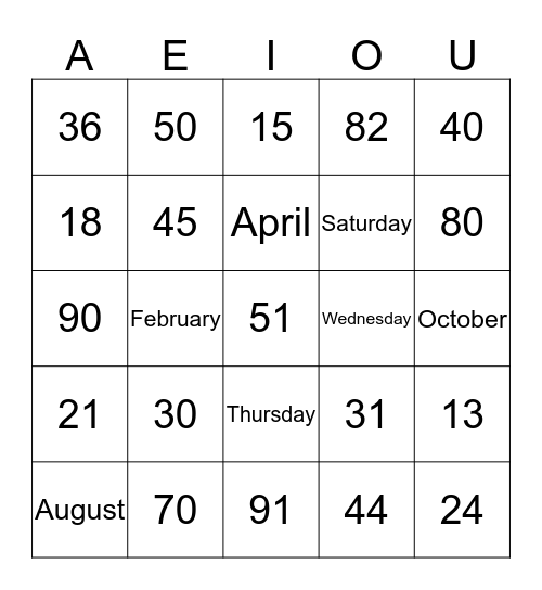 Numbers, Days, Month Bingo Card