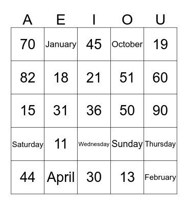 Numbers, Days, Month Bingo Card