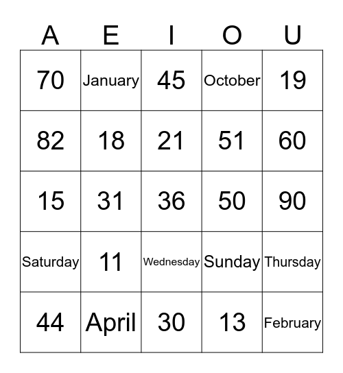 Numbers, Days, Month Bingo Card