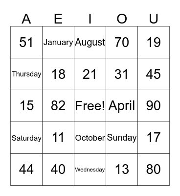 Numbers, Days, Month Bingo Card