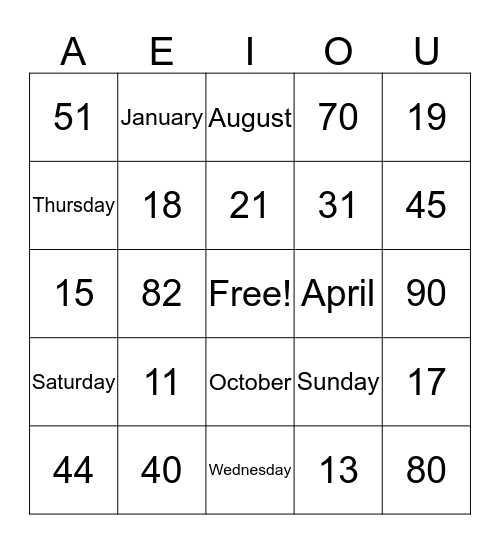 Numbers, Days, Month Bingo Card