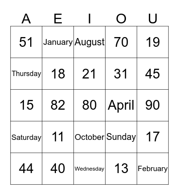 Numbers, Days, Month Bingo Card
