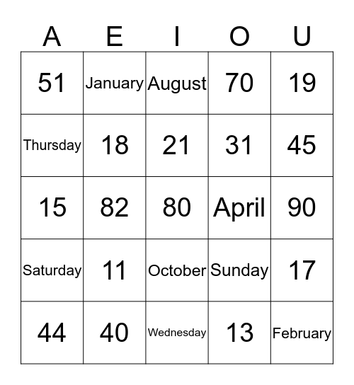 Numbers, Days, Month Bingo Card