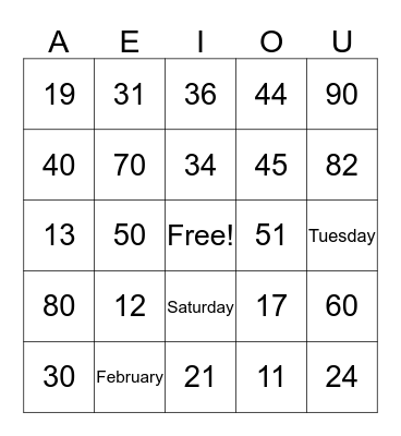 Numbers, Days, Month Bingo Card