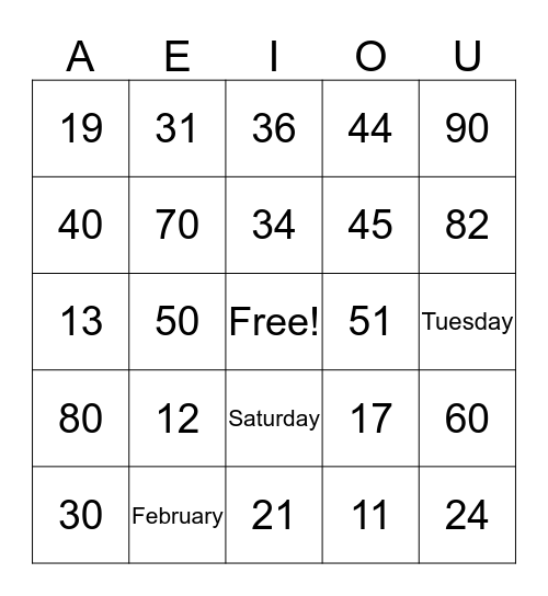 Numbers, Days, Month Bingo Card